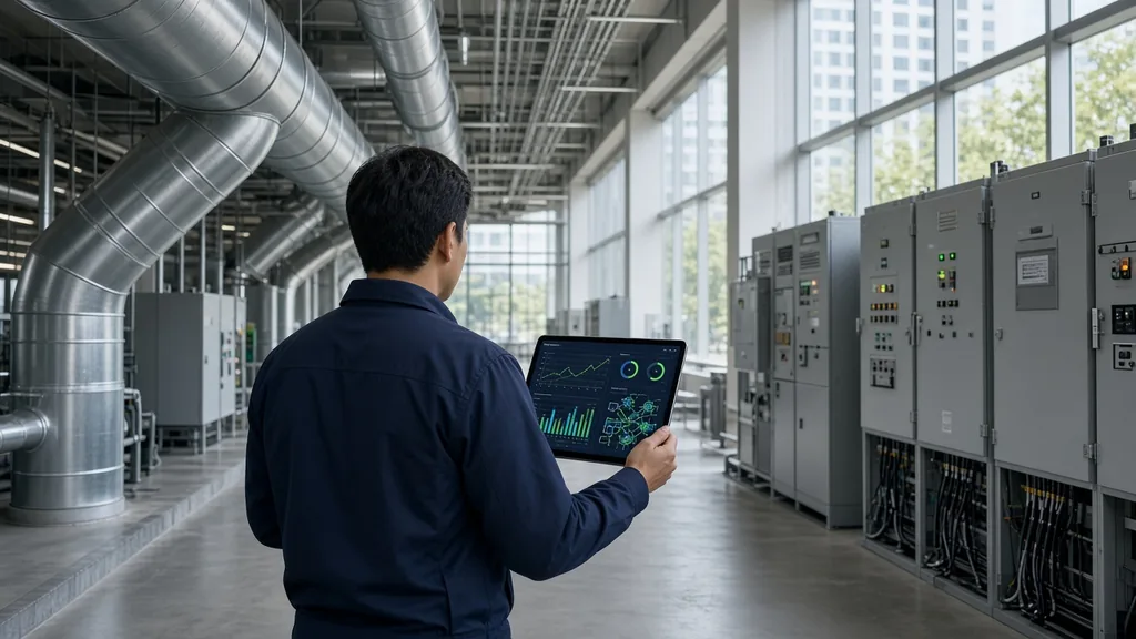 Facility manager cu tabletă într-o sală tehnică cu tubulatură HVAC și tablouri electrice