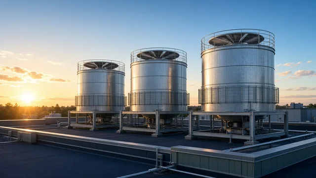 Turnuri de răcire montate pe acoperișul unei clădiri industriale