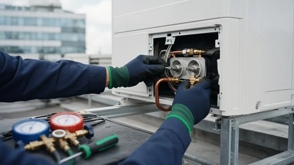 Tehnician care verifică circuitul frigorific al unei unități exterioare de climatizare, cu manometre de service